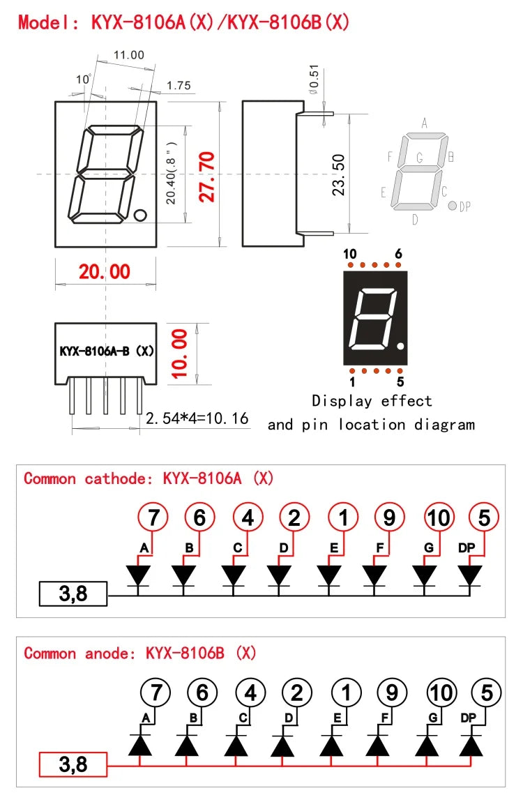 10PCS 0.8 inch 1-digit digital tube 20mmX27.7mm digital display screen "8" high 20.4mm 7-segment digital tube 8106 series 8102