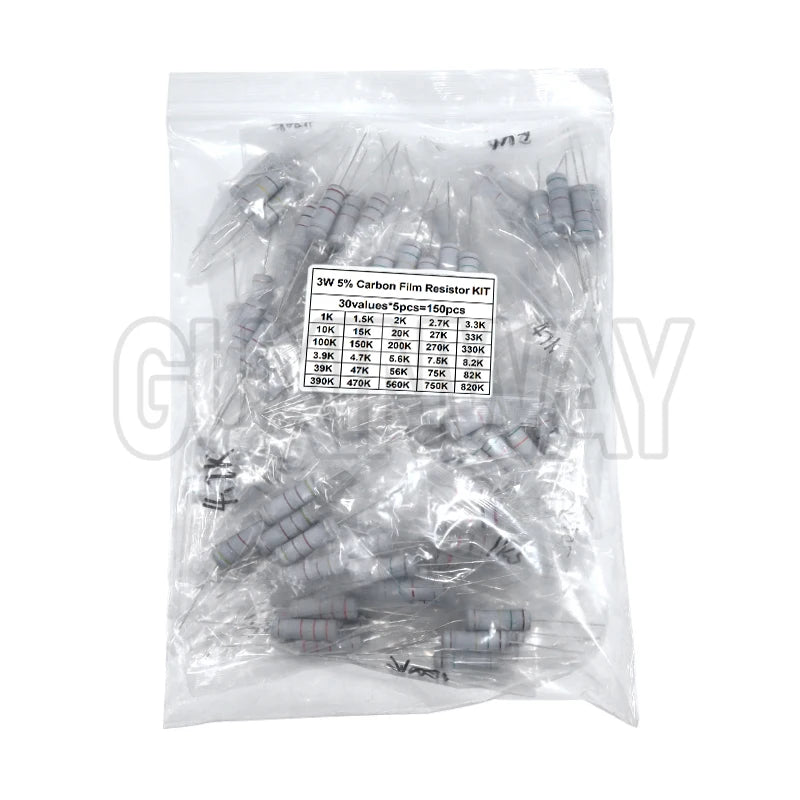 150PCS 300PCS Resistor Kit 1W 2W 3W 5W 5% 30Kinds X 10PCS Carbon Film Resistance 0.1-750 ohm Set 1k-820K 30Kinds X 5PCS