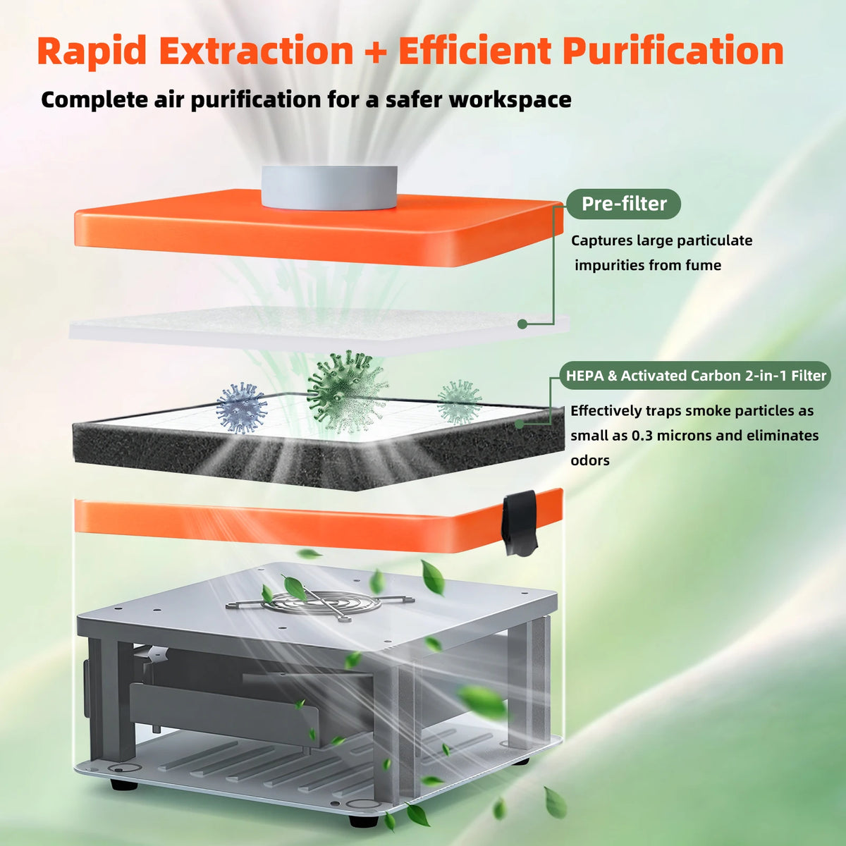 KUAIQU Solder Fume Extractor For Electronics Repair Desktop Smoke Absorber H13 HEPA Carbon Filter Filter Replacement Reminder Adjustable Airflow 1–100% LED Display Real-time Runtime Tracking PCB Soldering Station Flux Fume