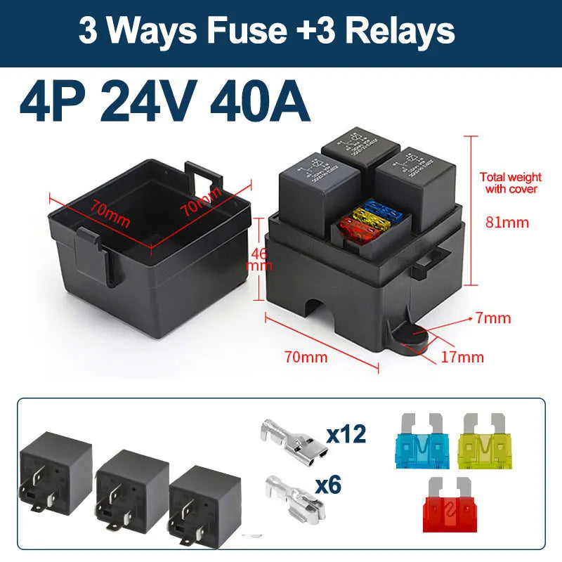 12V/24V 40A 4/5 Pin 3-Way Fuse Relay Box, 3 Relay Holder Standard ATO Fuse Block with Free Assembly for Car Motorcycle