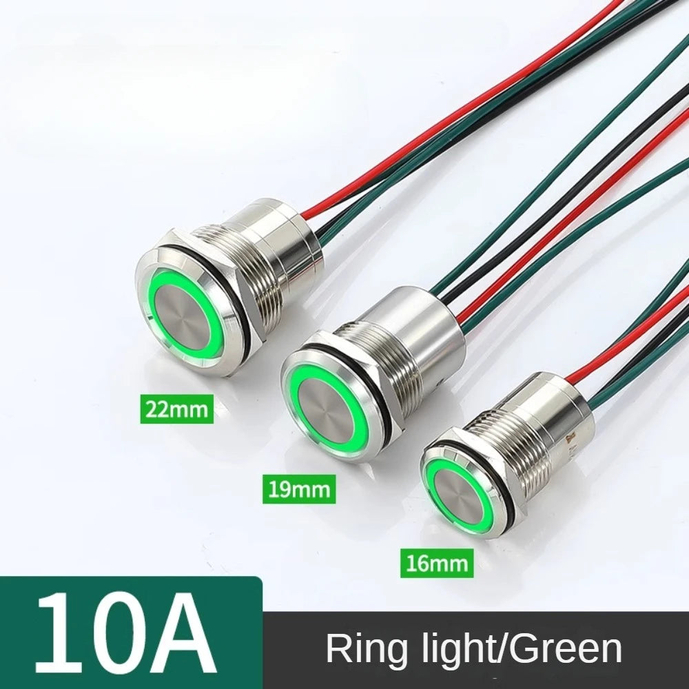 16/19/22mm IP67 Waterproof Metal Push Button Switch 10A High Current LED Light Momentary Latching Outdoor Power Switch Red Green