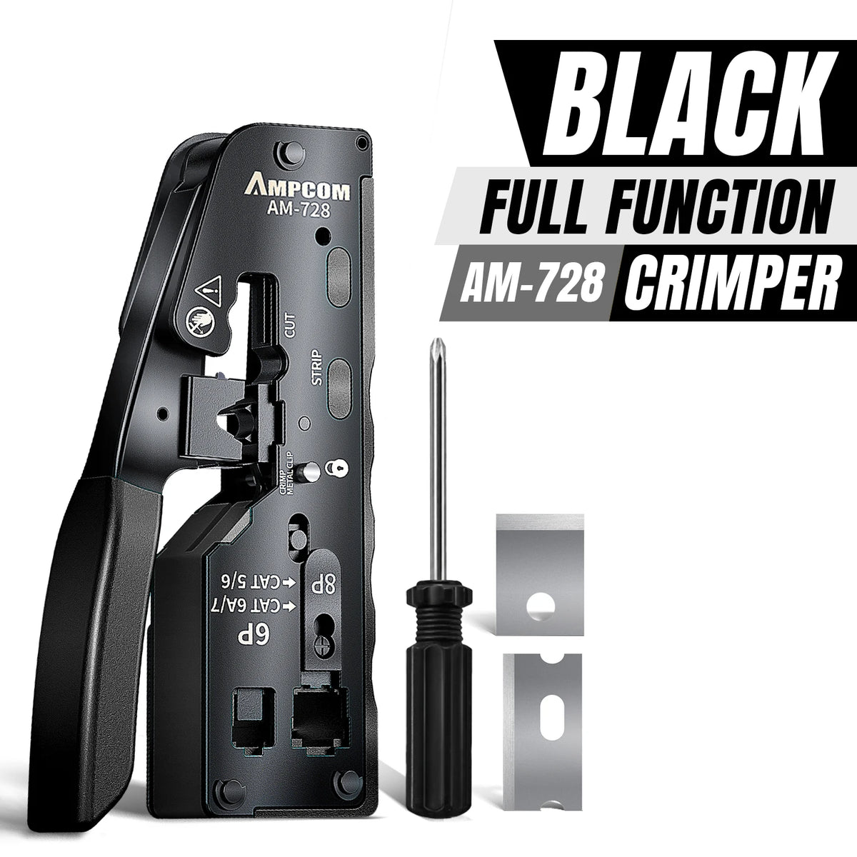 AMPCOM RJ45 Crimper CAT7 Crimping Tool for Pass Through RJ11 RJ45 Connector CAT6 CAT5E Modular Plugs With Wire Stripper Cutter