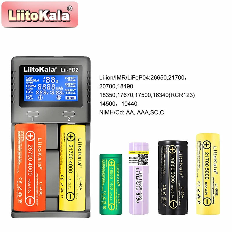 Liitokala Lii-PD4 Lii-PD2 18650 Battery Charger for 1.2V 3.7V NiMH 26650 21700 18350 18500 14500 AA AAA LiFePO4 Batteries