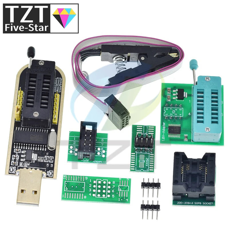 CH341A CH341B 24 25 Series EEPROM Flash BIOS USB Programmer Module + SOIC8 SOP8 Test clip + 1.8V adapter + SOIC8 Adapter DIY KIT