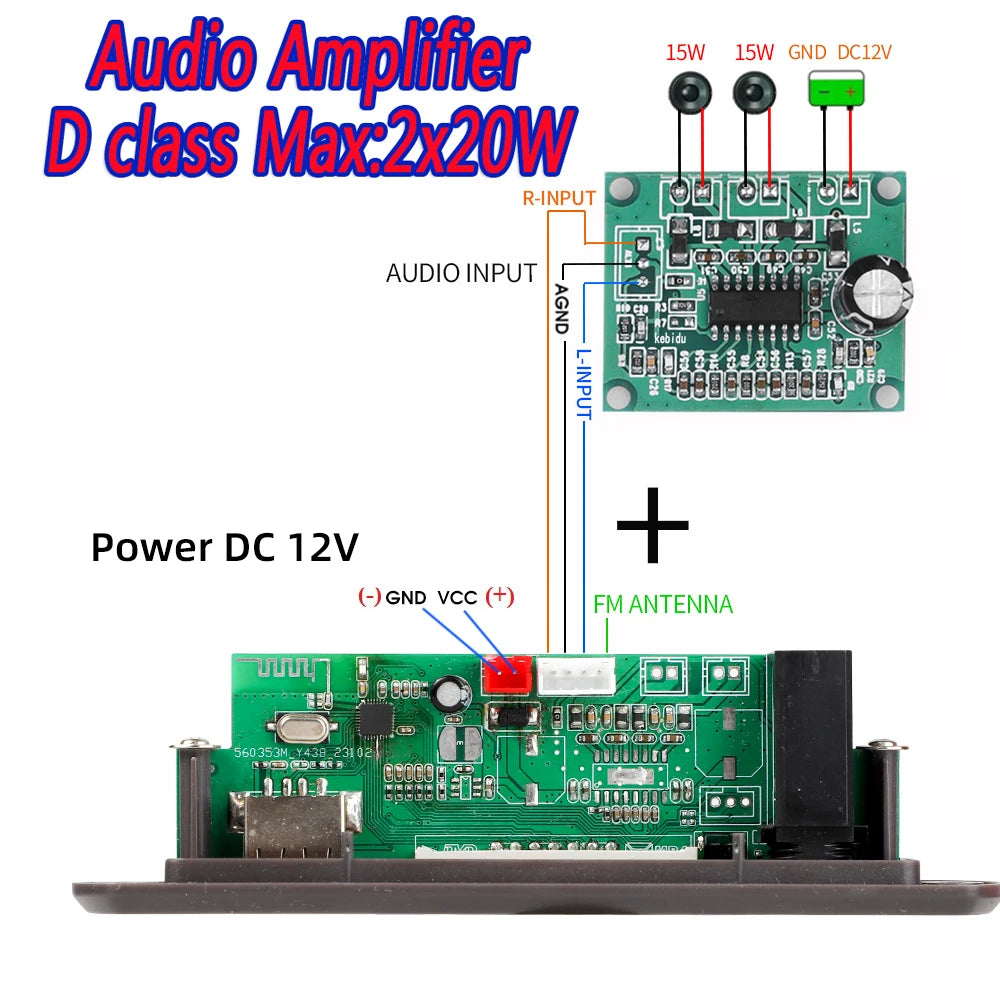 80W Bluetooth MP3 Decoder Board 2*40W Amplifier Audio Player 8V-24V DIY MP3 Player Car FM Radio Module TF/USB/Mic/Record Call