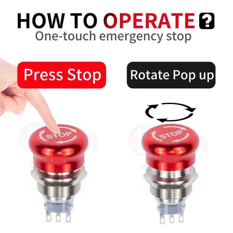 16/19/22mm Metal Emergency Stop Button Switch stainless steel Anti-slip waterproof mushroom head Rotation reset PTEN