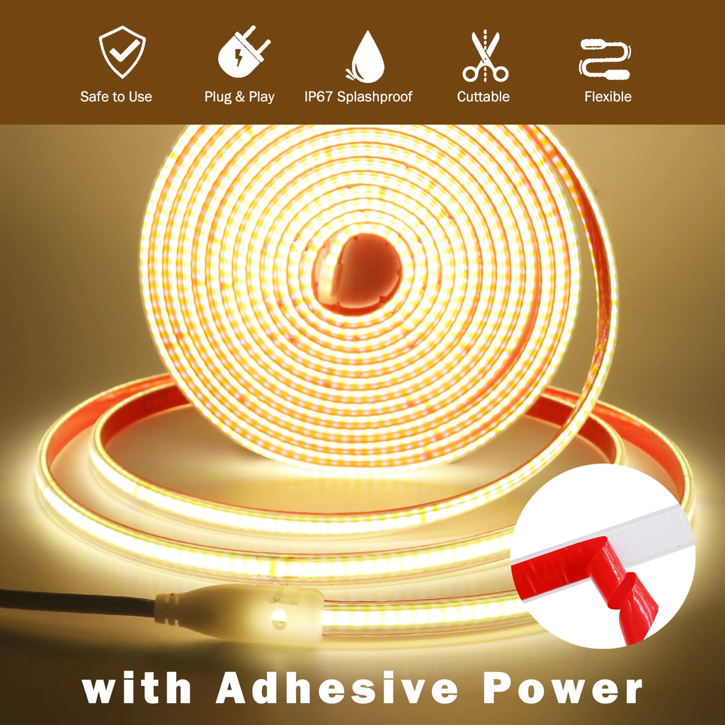 AC 220V COB Strip IP65 Waterproof 10CM Cut 240Leds/M 3000K 4000K 6000K Home Decor Flexible Ribbon Rope Tape LED Light