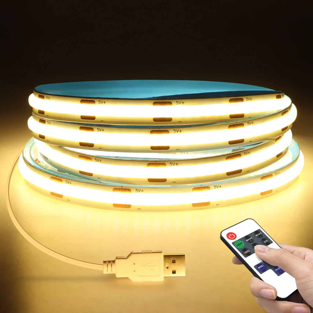 DC5V COB LED Strip with Dimmable Remote Control 2/3/5M White/Warm White COB Strip Light For Indoor Home Cabinet Decor Lighting