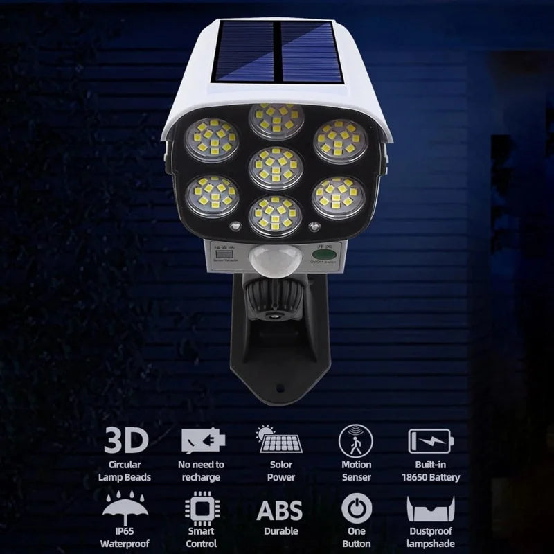 Solar Outdoor Motion Sensor Light 77 LED Spotlight With Waterproof Wireless Fake Security Camera for Porch Garden Patio Driveway