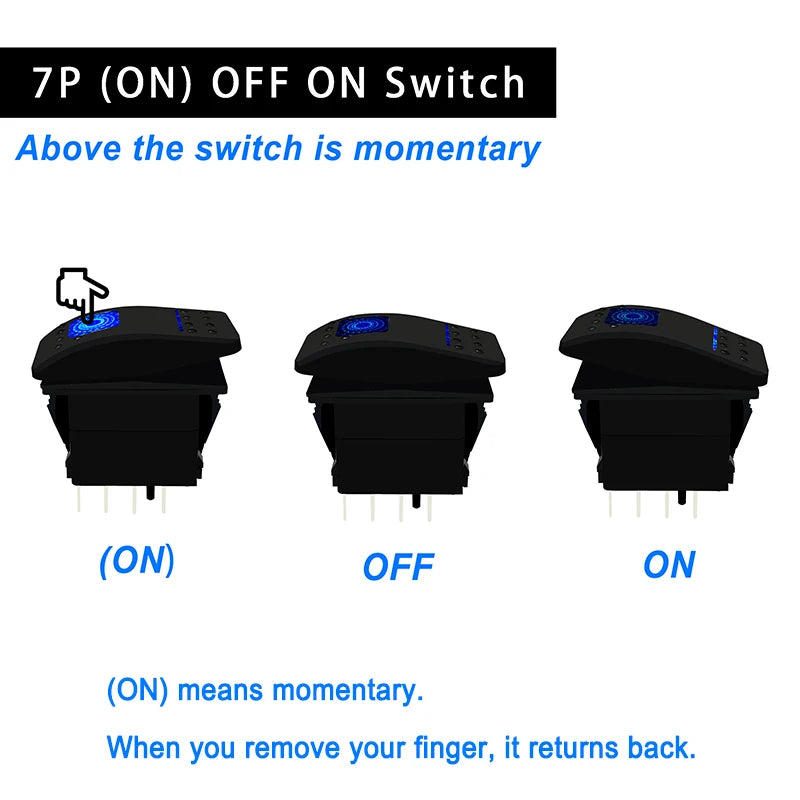 Waterproof Rocker Switch with Blue LED | 12V/24V Latching & Momentary (SPST/ DPDT) | for Marine, UTV, ATV, RZR, Automotive