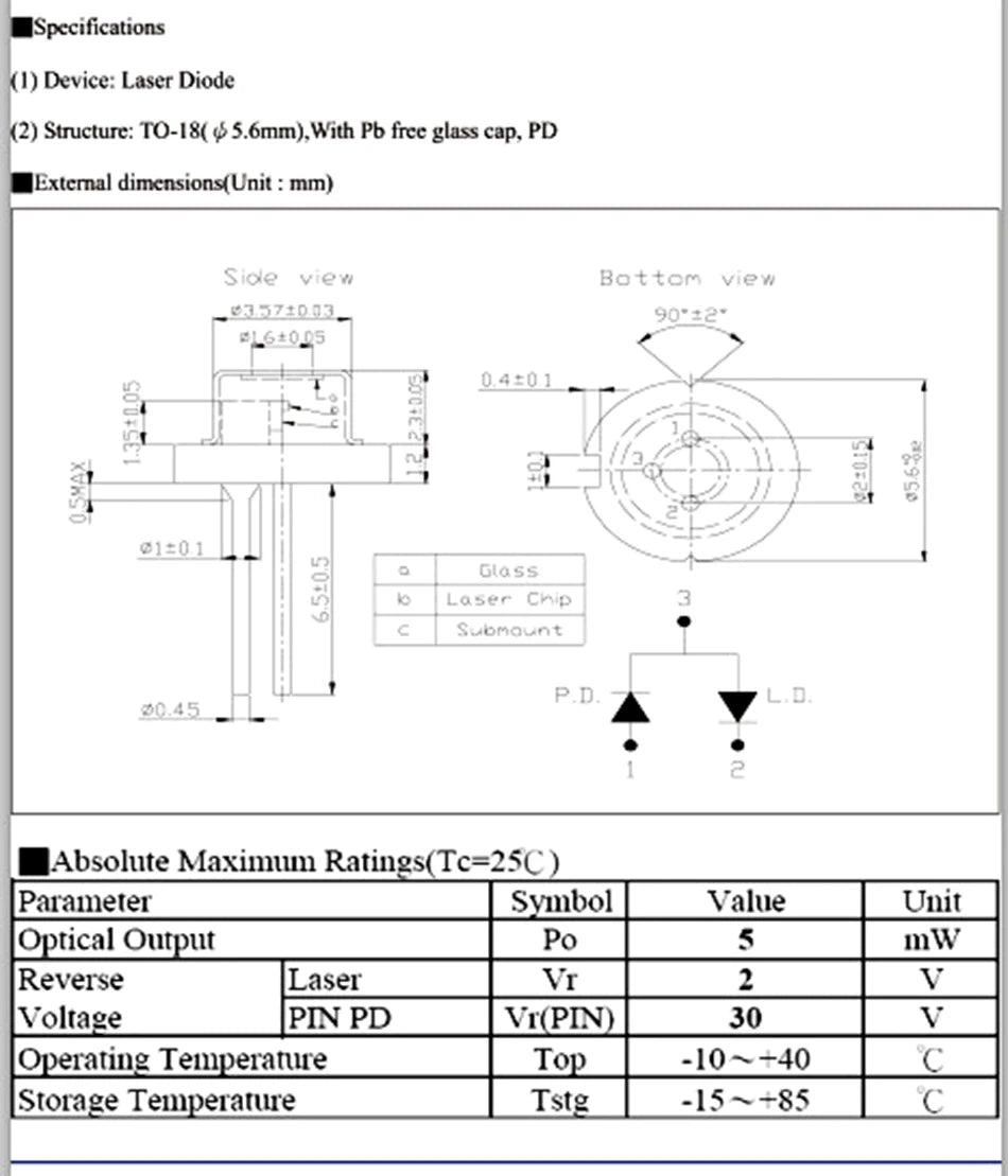 DIP Metal 650nm LED 5mW Infrared IR Laser Diode LD TO-18 / 5.6mm Light-Emitting Diode