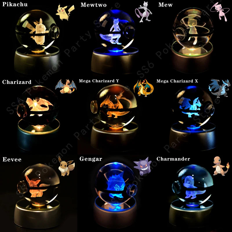 Pokemon Crystal Ball 3D Mewtwo Pikachu Gengar Pokeball 3D Night Light Lamp Glass Statue Pokemon Crystal Ball Birthday Gift
