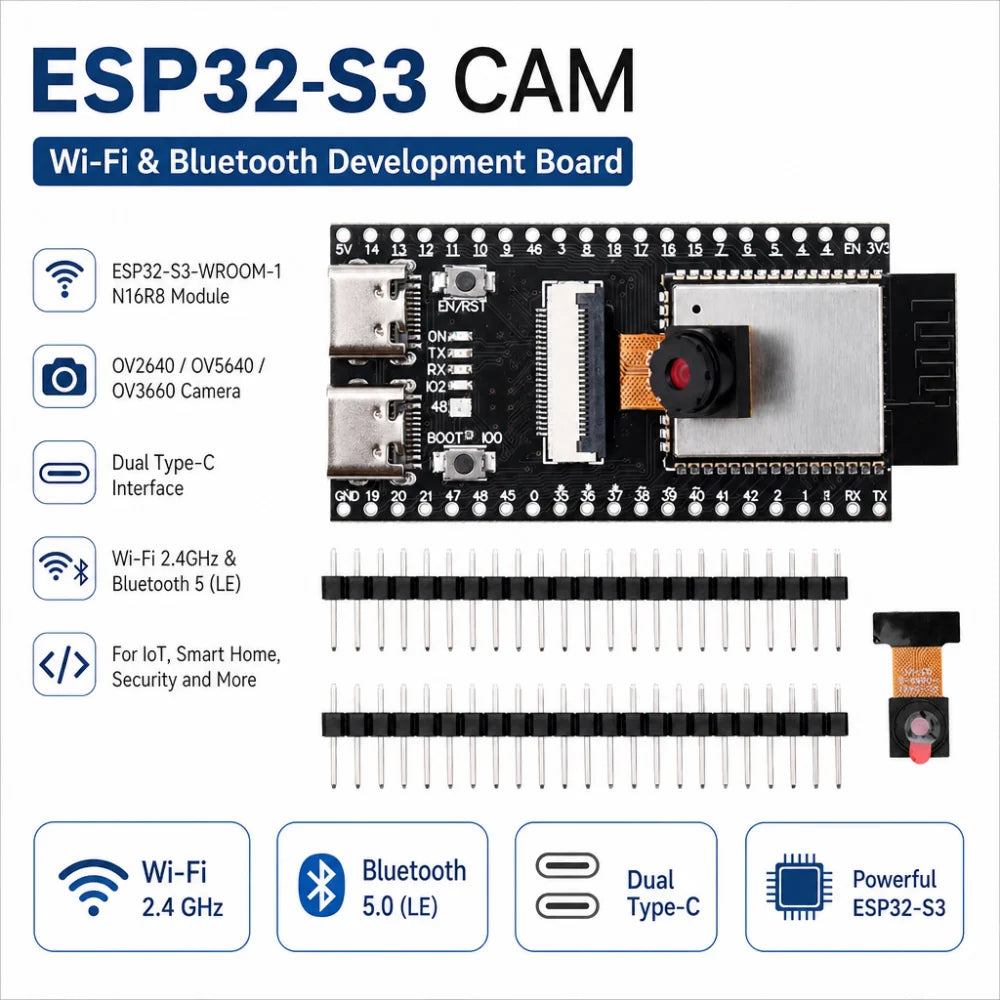 ESP32-S3 CAM Wi-Fi and Bluetooth Development Board, ESP32-S3-WROOM-1 N16R8 Module, OV2640/OV5640/OV3660 Camera, Dual Type-C Port