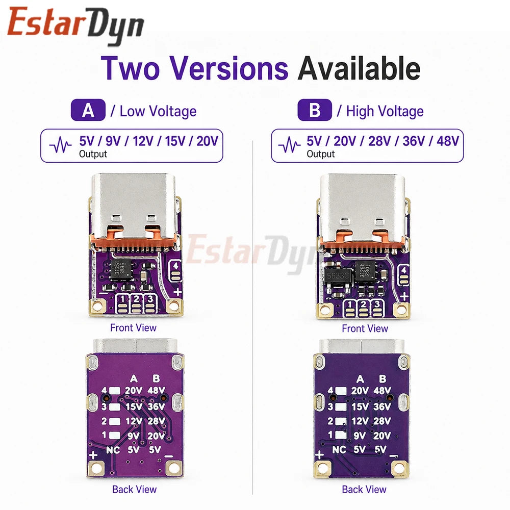 Estardyn PD3.0 PD3.1 QC3.0 Deceiver Fast Charging Module DC 5/9/12/15/20/28/36/48V Voltage Trigger PD to DC Type C Interface