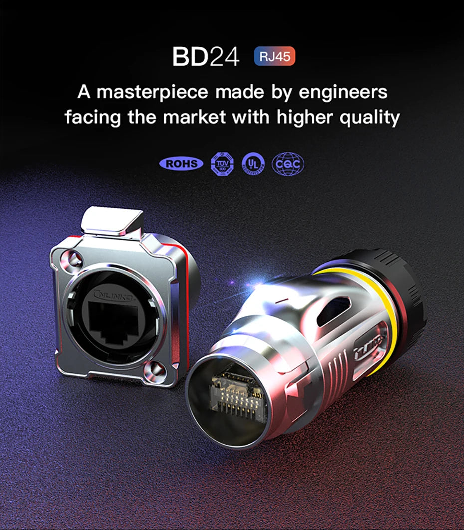 CNLINKO Panel Mount IP68 RJ45 Connector M24 Metal Shell Waterproof Ethernet Port for Industrial Device & Network Cabinet