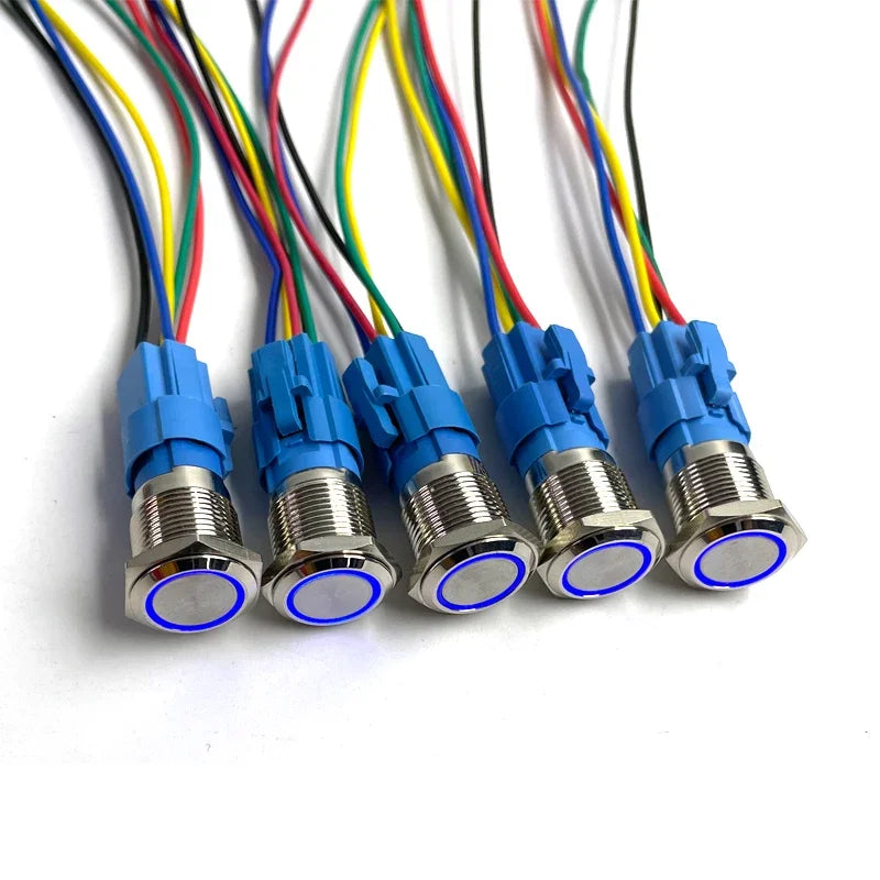 5 pcs Metal Push Button Switch 12v 16mm 19mm 22mm Ring Lamp Power Symbol Waterproof LED Light Self Lock Reset with Connector 220
