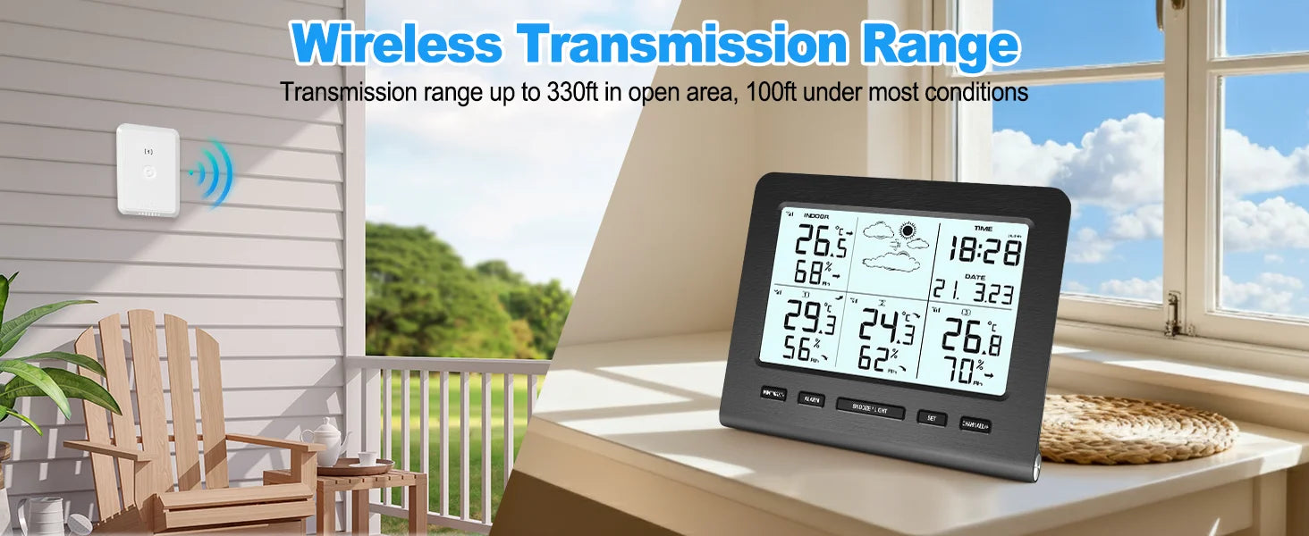 3 Sensors Weather Station with 100m Wireless Transmission Backlight LCD Alarm Clock  for Indoor/Outdoor Temp Humidity Monitor