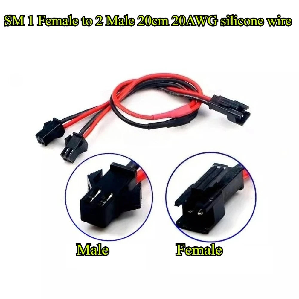 2Pin LED Y Splitter Connector JST SM 1 Male/Female to 2 Female/Male Wire Cable 20AWG For WS2812 WS2811 SK6812 RGB RGBW Led Strip