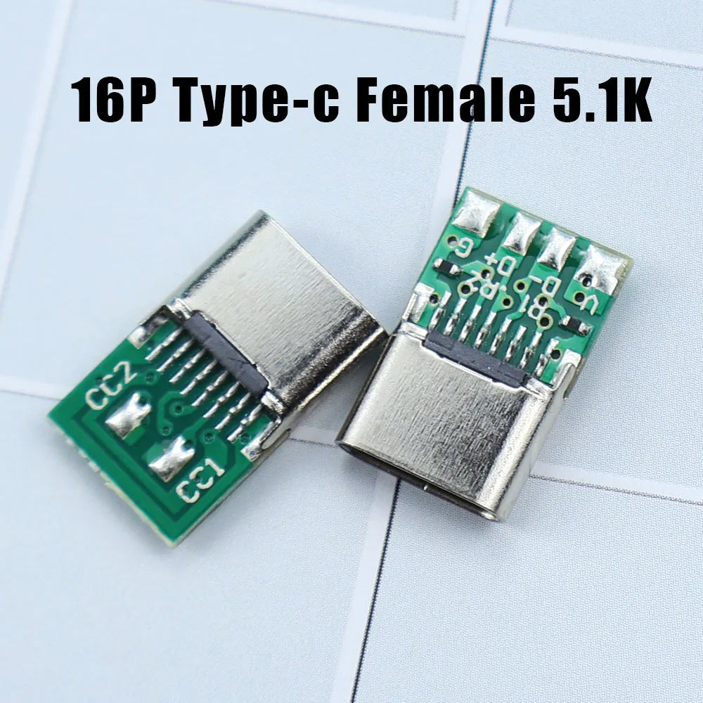USB 3.1 Type-C Jack Connector 16Pin Female Socket Receptacle USB-C Adapter to Solder Cable 6 Solder Joints with CC1 CC2 5.1K