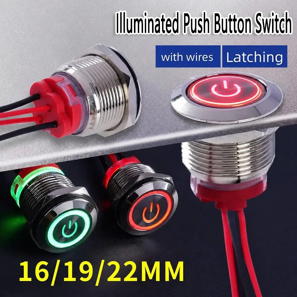 New 16/19/22mm Push Button Switch Metal Latching Action Panel Mount Switch Pre-Wired Illuminated Ring Short Body