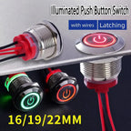 New 16/19/22mm Push Button Switch Metal Latching Action Panel Mount Switch Pre-Wired Illuminated Ring Short Body