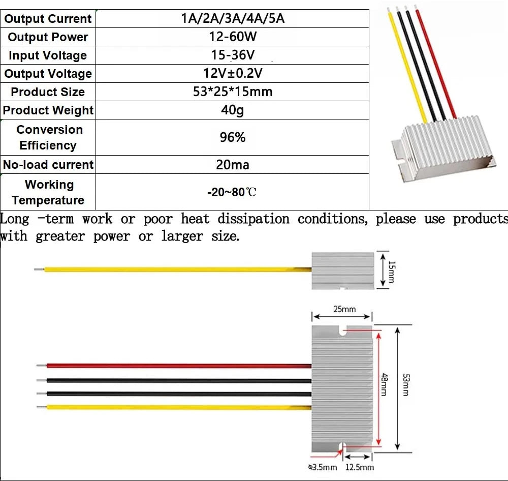 24V to 12V 1A 2A 3A 4A 5A 60W Buck Model Converter Stabilizer DC-DC Step Down Voltage Regulator Model Power for Cars Waterproof
