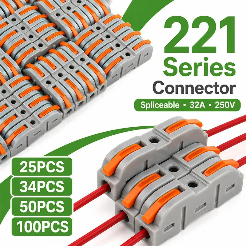 PCT-221 Lever Wire Connector 25 34 50 100PCS Inline Splicing Terminal Block Compact Cable Splitter Kit for LED Electrical Wiring