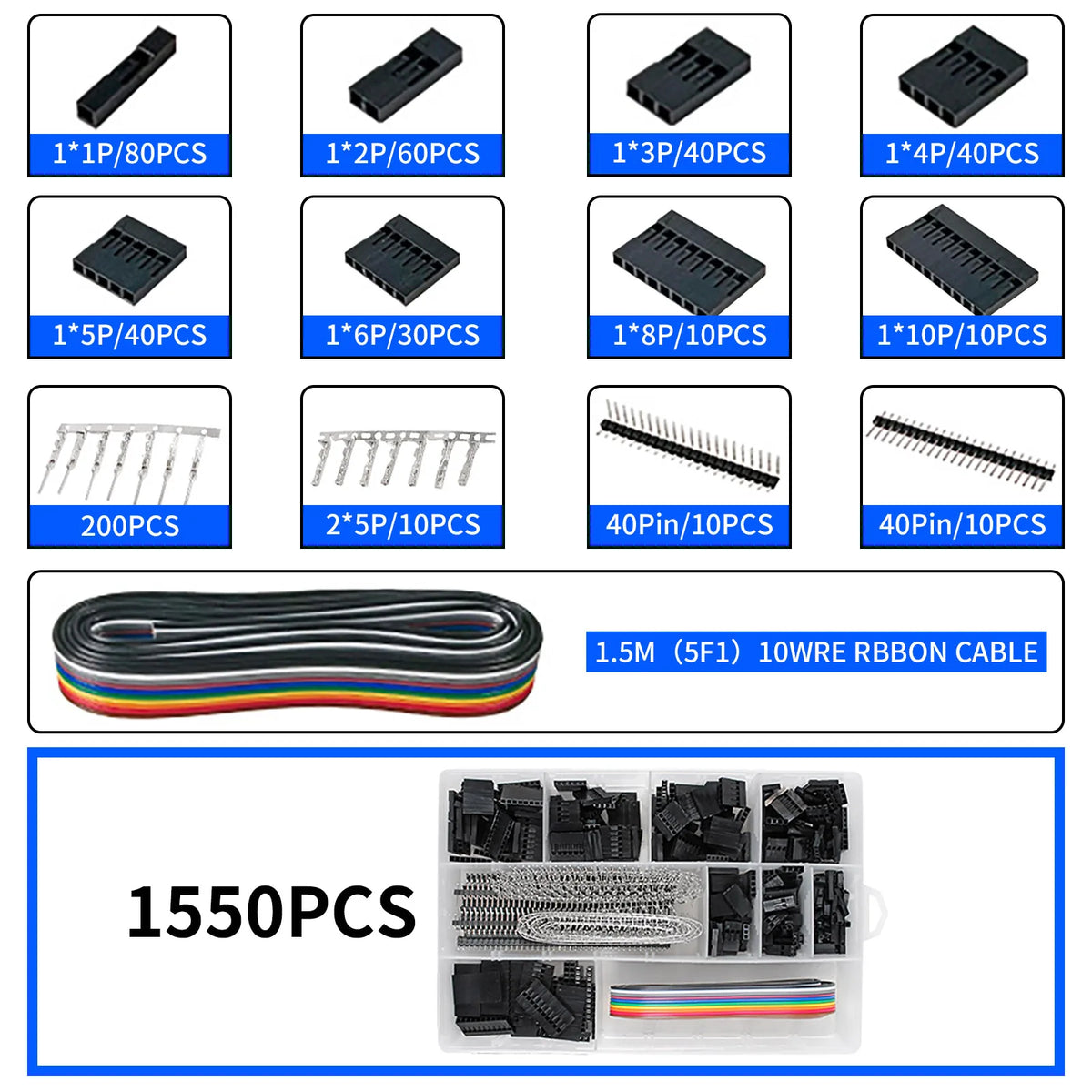 YICHENG 2.54mm Dupont Connector Kit with Ratcheting Wire Crimping Tool,Male Female Pins, Headers & Ribbon Cable