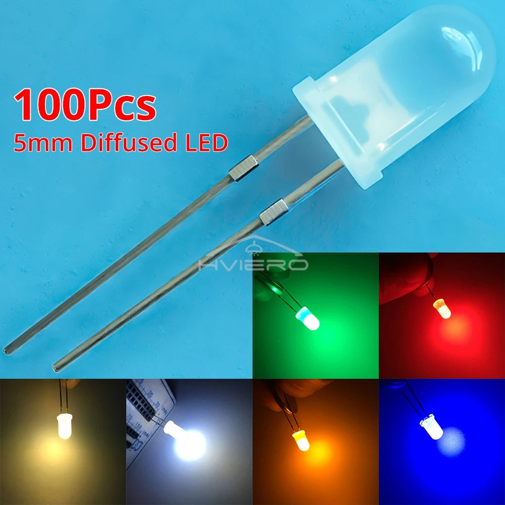 100pcs 5mm Round Diffused White Red Green Blue Yellow Warm Lightemitting Diode 2pin LED 6000~6500K Bulb Light Diodes Lamp 3V