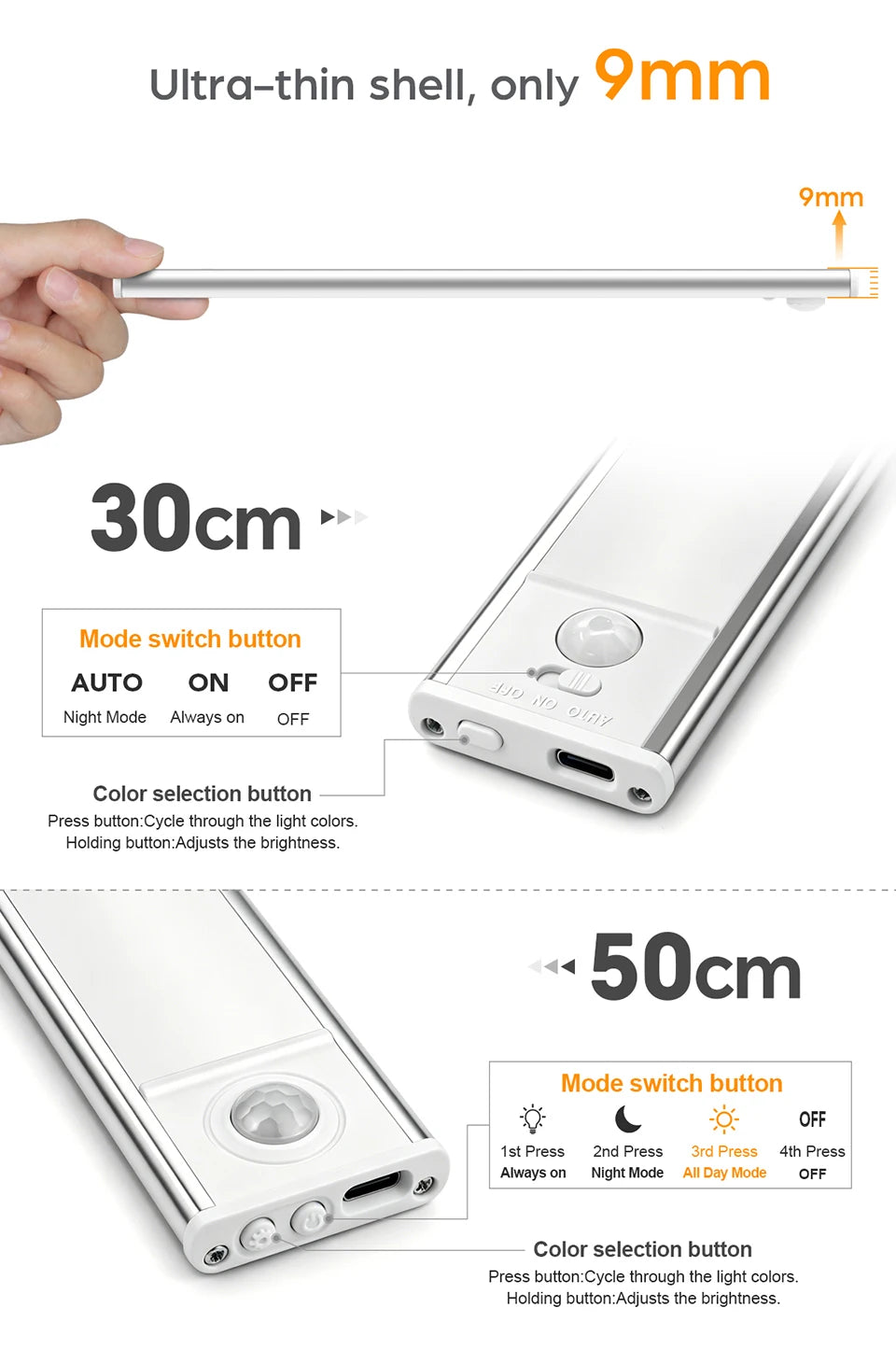 High Capacity Battery USB Rechargeable LED Light Bar Aluminium Motion Sensor Magnetic Strip For Stairs Closet Cabinet Night Lamp