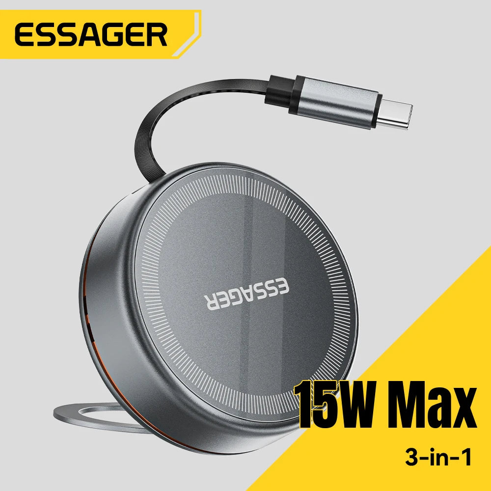 Essager 15W 3 in 1 Magnetic Wireless Charger With 96cm Retractable Type-C Cable For iPhone 16 15 14 13 Pro Max Airpods Watches