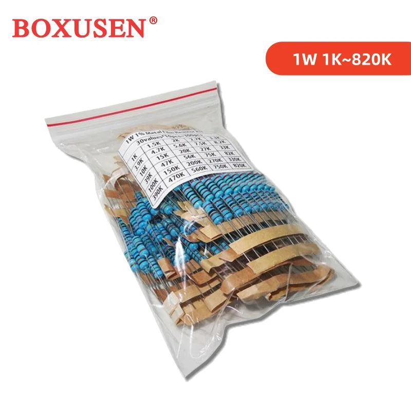300PCS 150PCS 30values Each 5/10PCS 1~750 1K~820K Ohm 1/2W 1W 2W 3W Resistance 1% Metal Film Resistor Assortment Kit Set