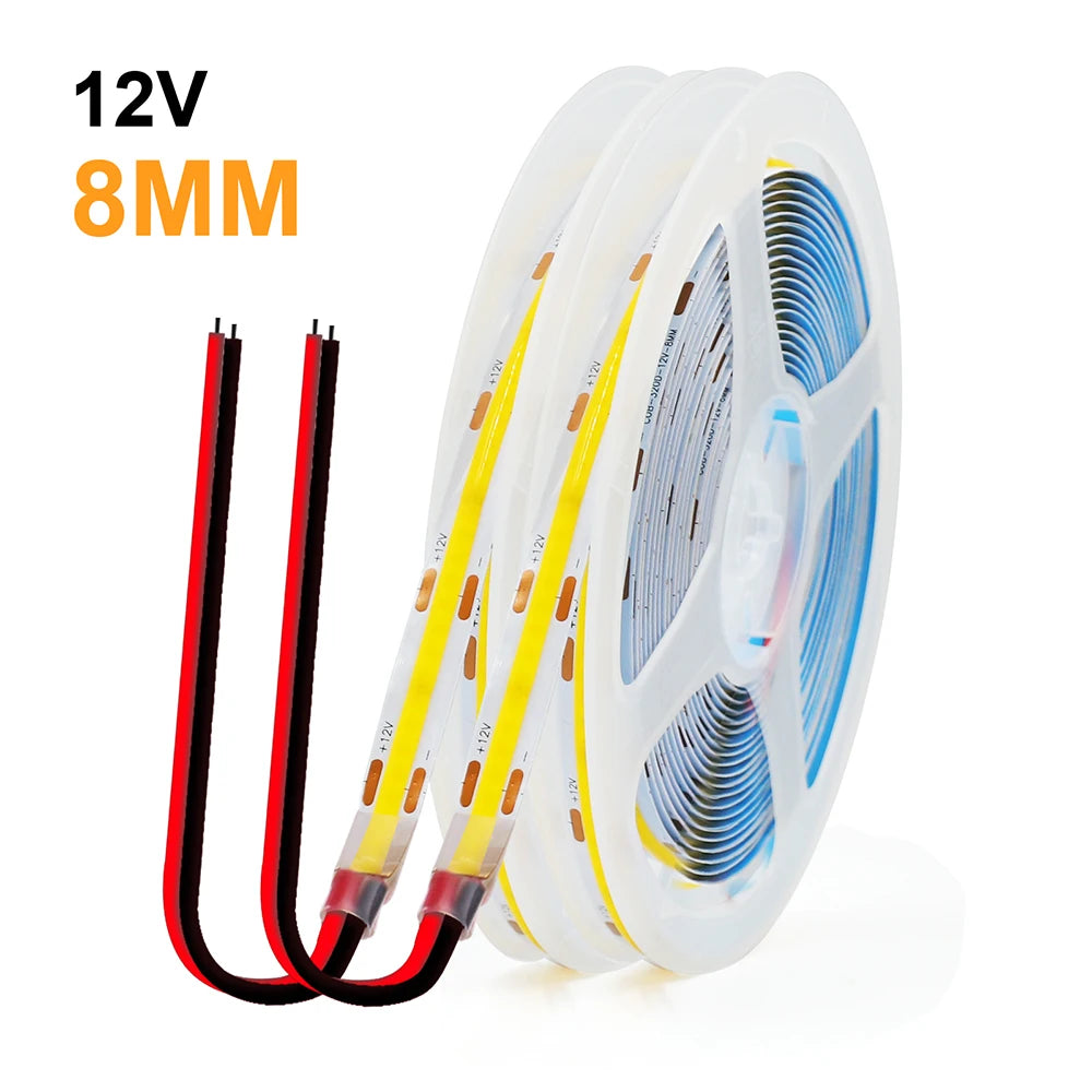 12V 5V USB COB LED Strip Light With 2Pin Wire 320 384 480 528 LEDs Flexible Tape Linear Lighting Warm White Pink Blue Red Yellow