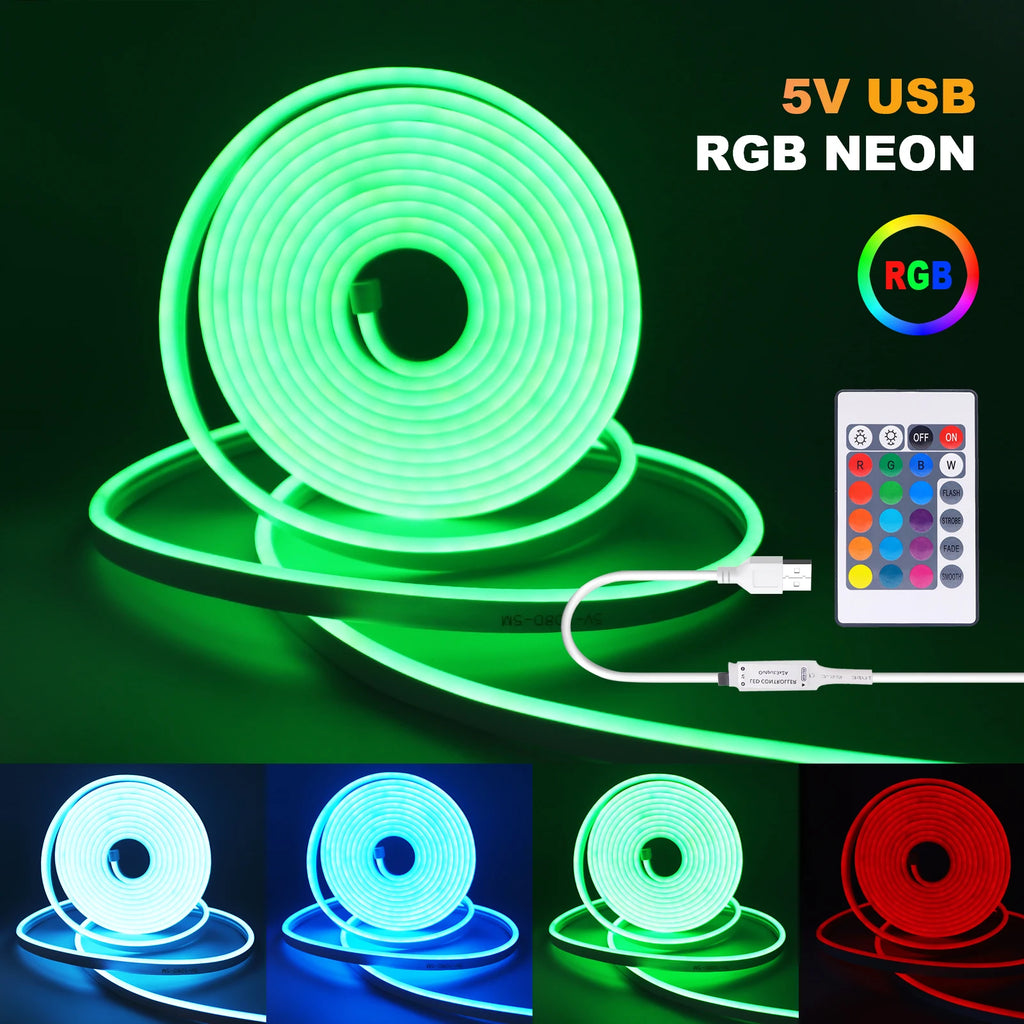 5V USB RGB LED Neon Strip 1M 2M 3M 5M Flexible LED Strip with Remote Control Waterproof Neon Silicone Ribbon Adhesive Tape
