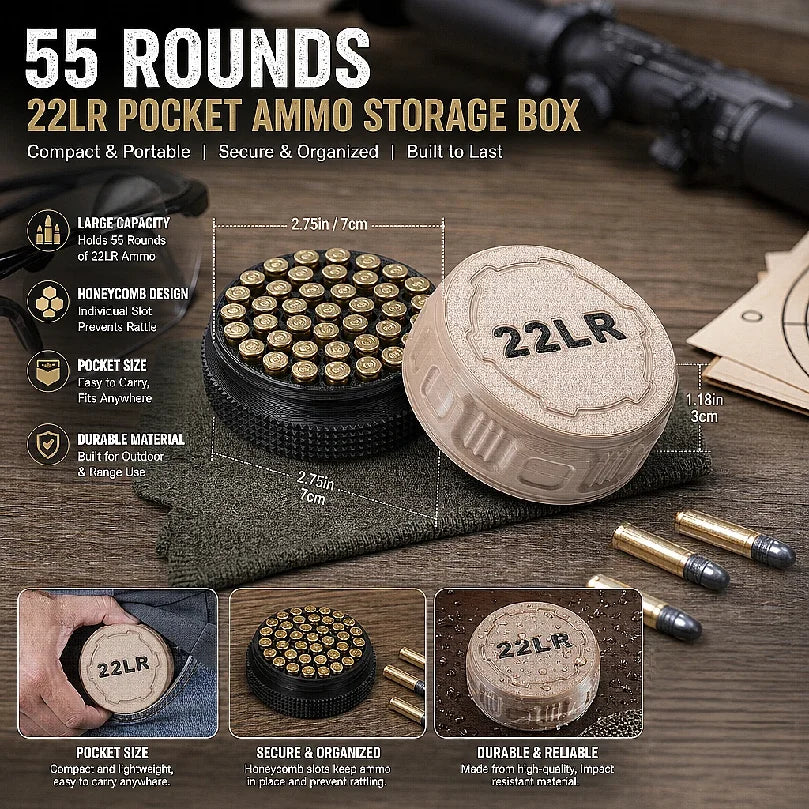 A compact storage case capable of holding 55 .22LR rounds—convenient for carrying to the shooting range.
