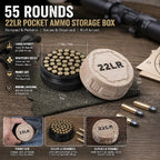 A compact storage case capable of holding 55 .22LR rounds—convenient for carrying to the shooting range.