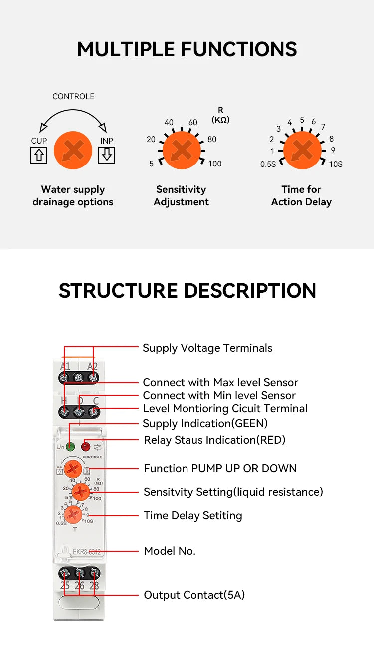 ETEK Floatless Water Level Relay Switch Electronic Liquid Level Controller 5A  AC 220V  SPDT 12V EKR8