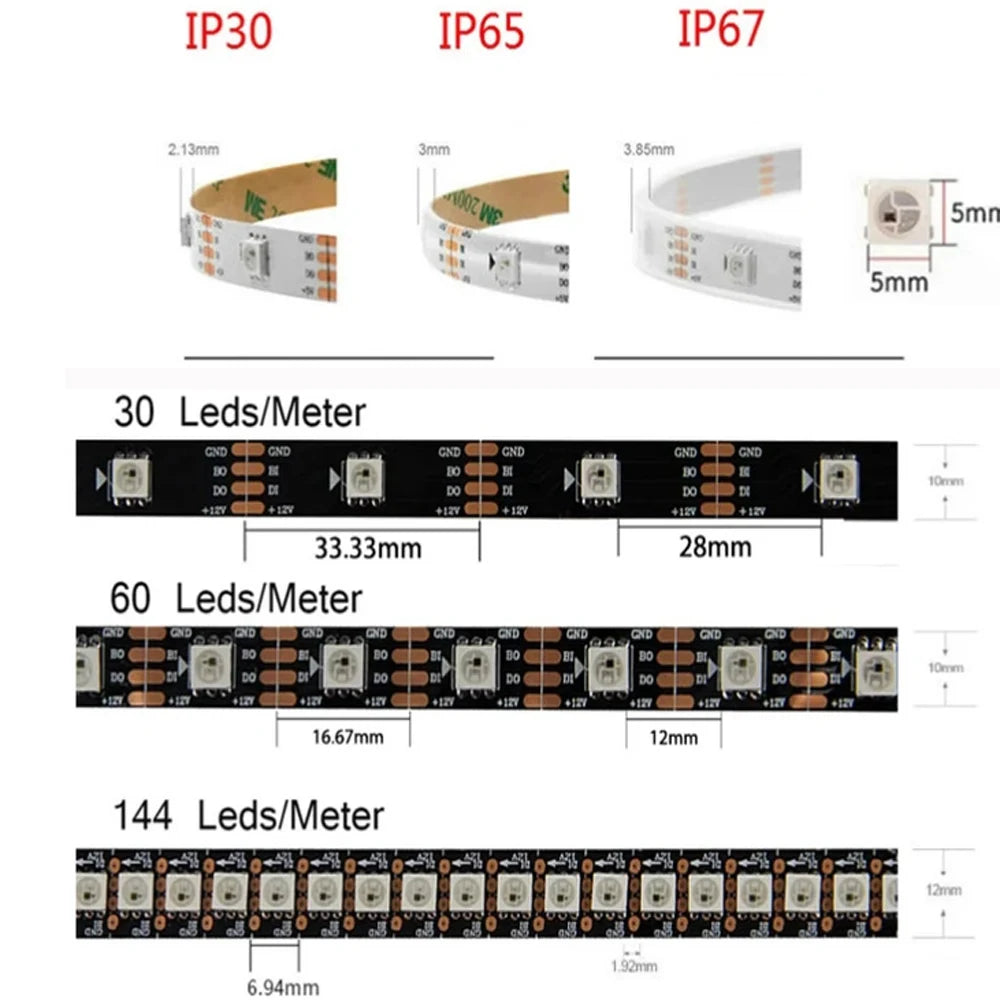 WS2815 DC 12V LED Pixels Strip Light 5050 RGB Individually Smart Addressable IC LED Dual-Signal 30/60/144 Pixels Led/m Tape