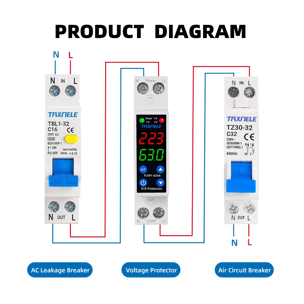 18MM 1P+N 63A 230V Dual Display Adjustable Digital Over Under Voltage Relay Surge Protector Limit Over Current Protection
