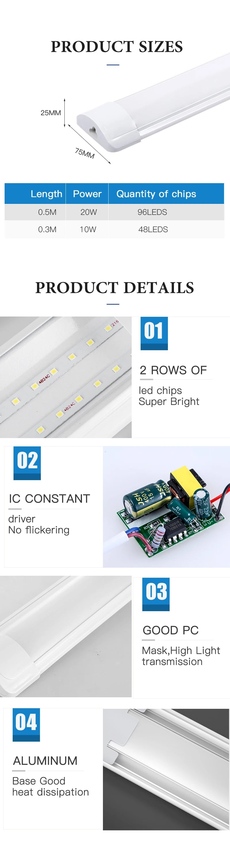 Led Tube Light With Switch Wire 110V 220V 10W 20W Lighting Strip Lamps 30/50cm For  Living Room Bedroom Closet Kitchen Lamp