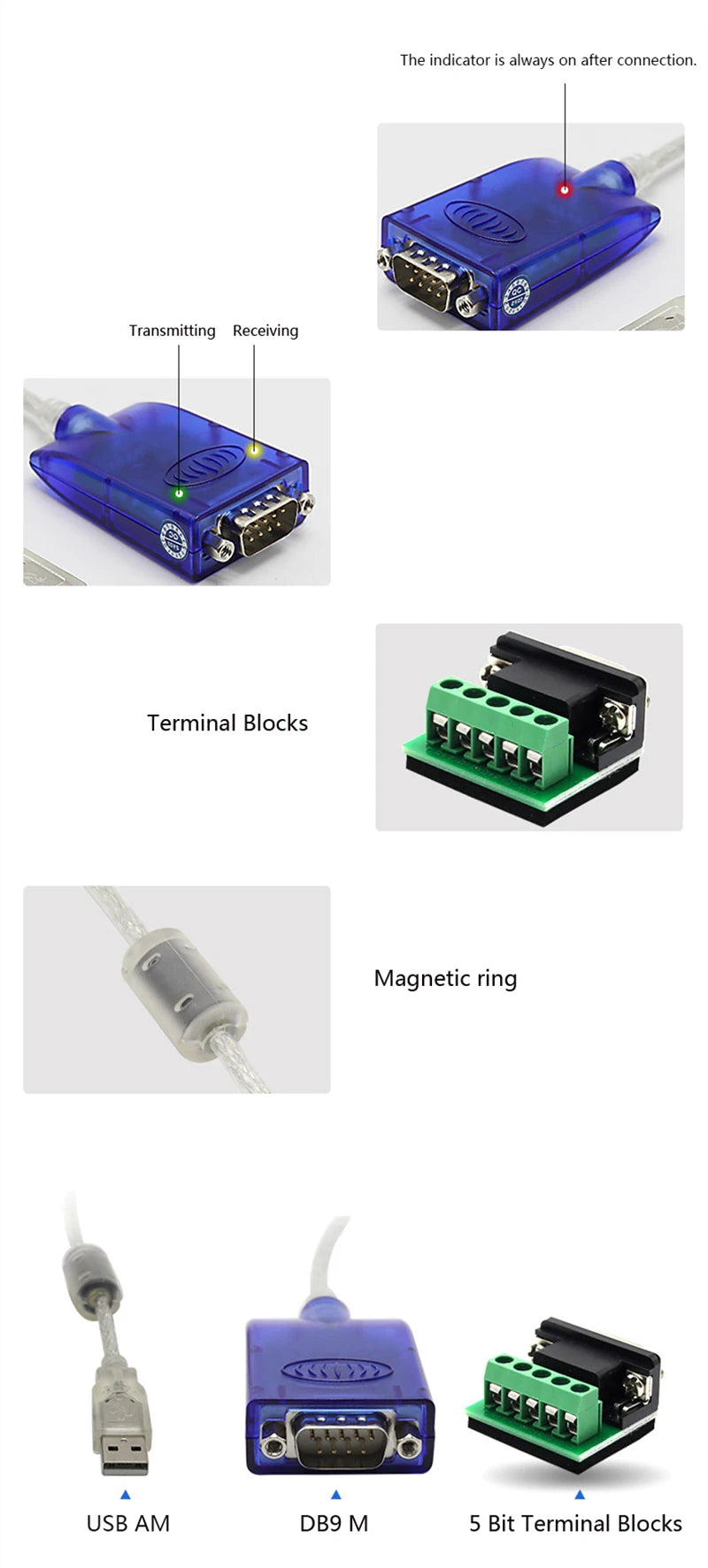 UOTEK 4.9Ft USB to RS232 RS485 RS422 Converter USB-A RS-232 RS-485 RS-422 Cable Serial DB9 Connector Full Half Duplex UT-8890