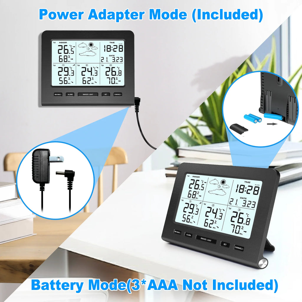 3 Sensors Weather Station with 100m Wireless Transmission Backlight LCD Alarm Clock  for Indoor/Outdoor Temp Humidity Monitor