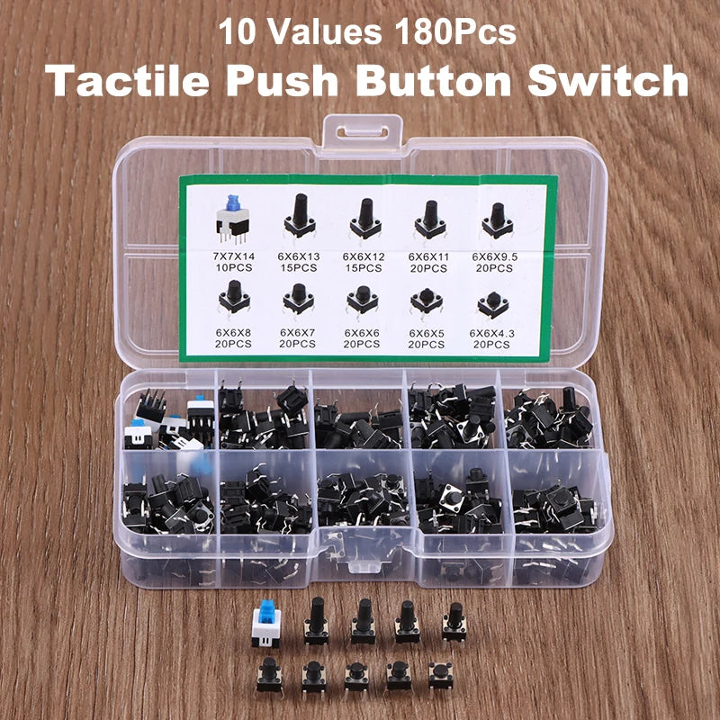180 Pcs Tactile Push Button Switch Kit  - 6mm/7mm SMD & THT Momentary Tact Switch Assortment, Electronic Components DIY Repair