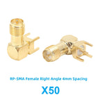 50Pcs Brass SMA PCB Female Connector 90 Degree Angle Gold-Plated RF Socket RP-SMA PCB Mount 4 Pins Stand