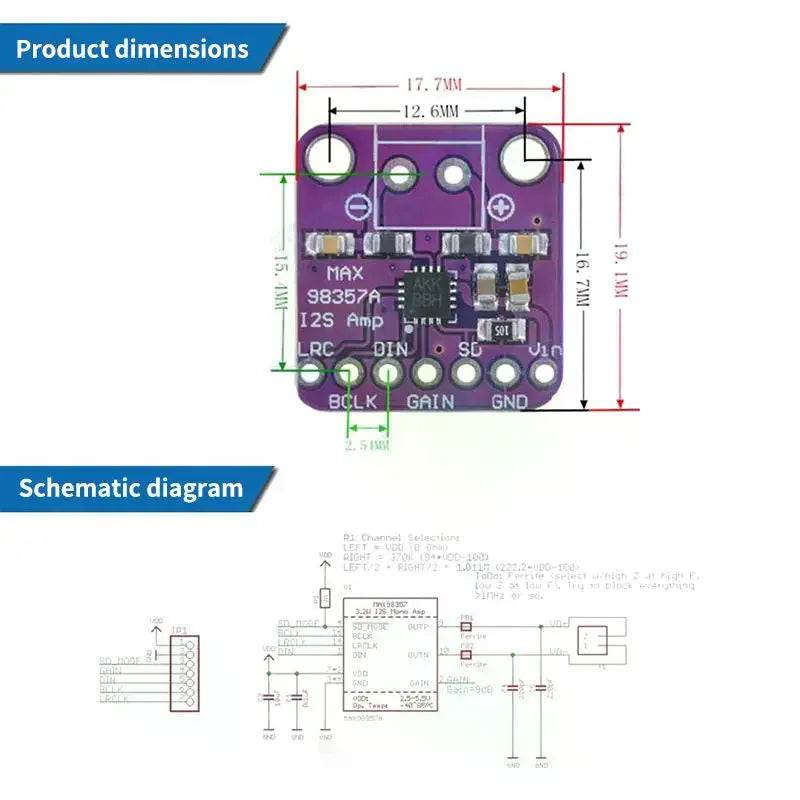 MAX98357A I2S Amplifier Module 3W Class D Filterless DAC Decoder for Raspberry Pi ESP32 DIY Audio