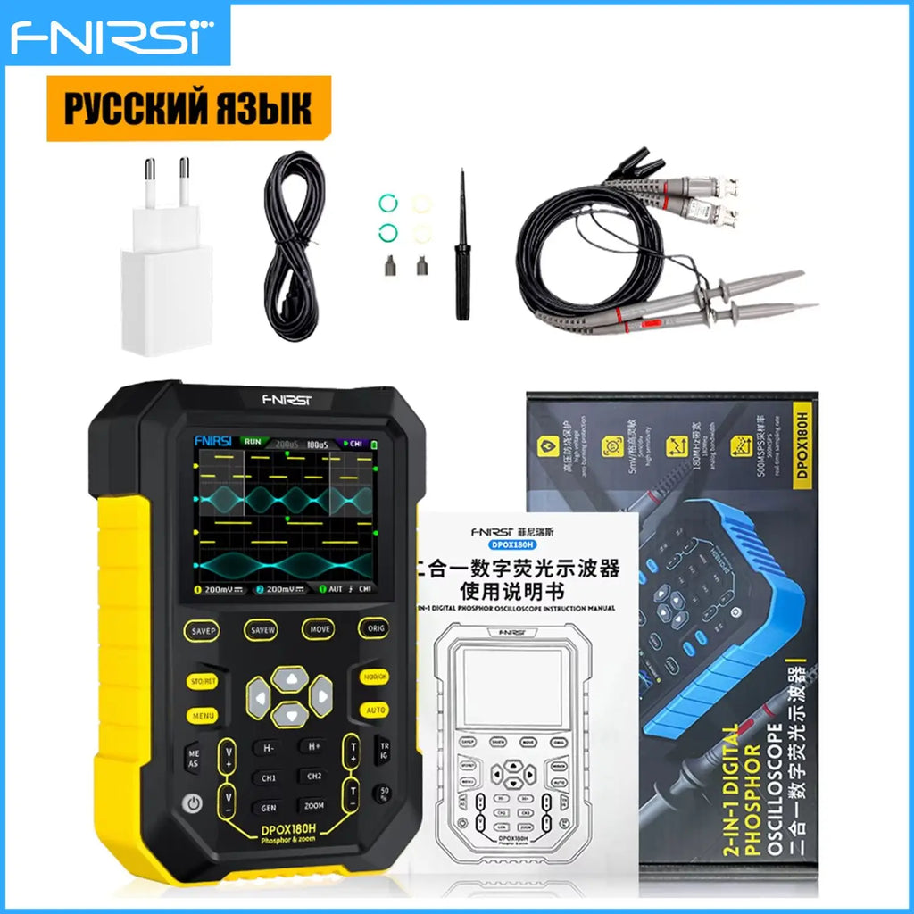 FNIRSI DPOX180H Handheld Dual Channel Digital Oscilloscope 180MHz-3DB 2 In 1 Function Signal Generator Fluorescence Display ZOOM