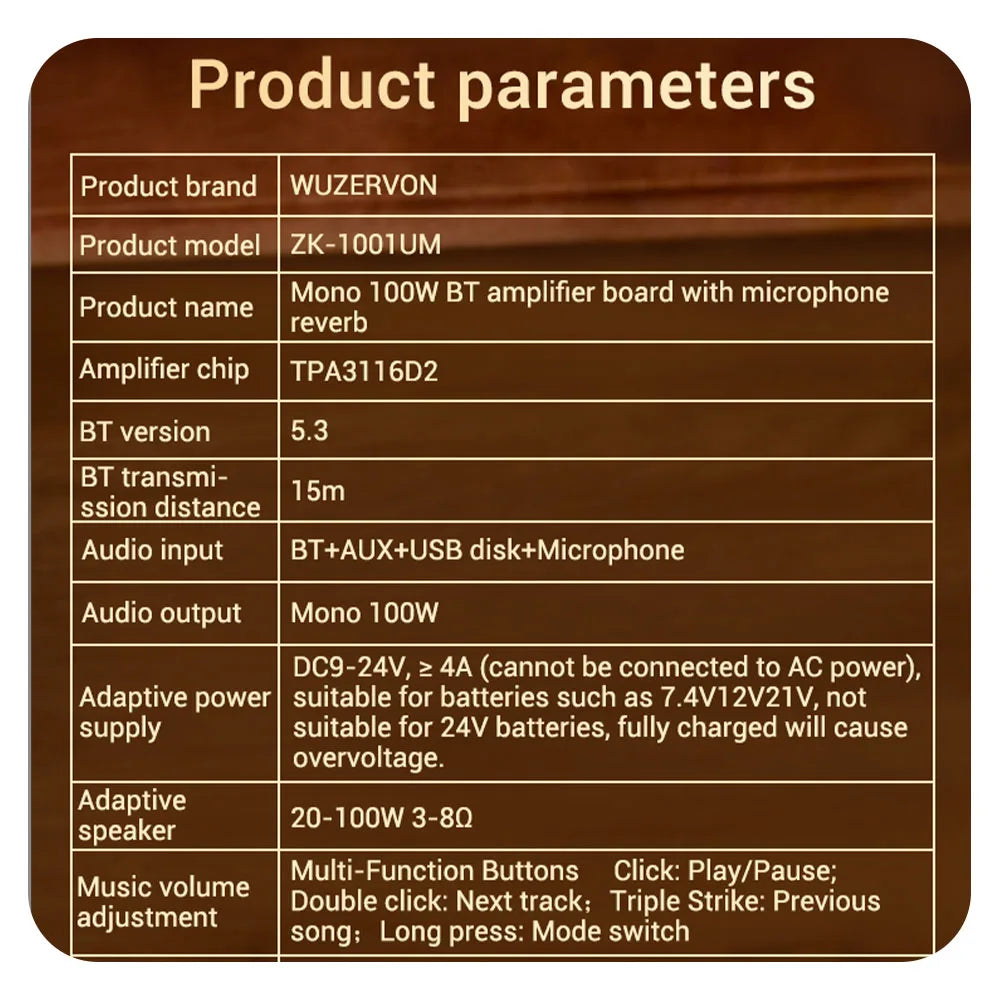 ZK-1001UM DC 9-24V mono 100W Bluetooth amplifier board TPA3116D2 supports TWS to speaker karaoke microphone reverb