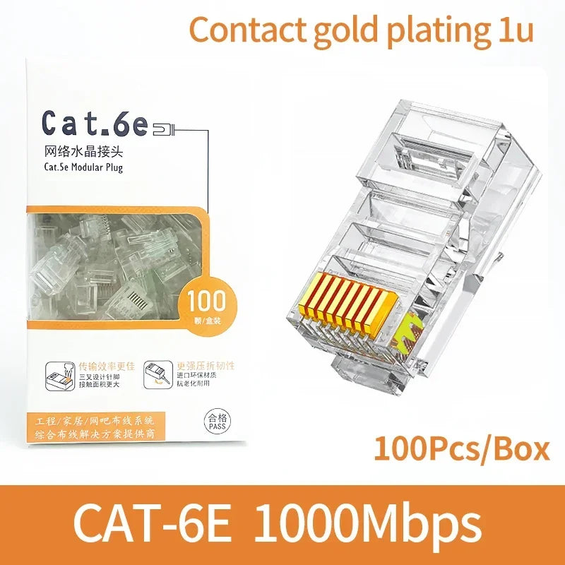 100Pcs Ethernet Cable Cat5e RJ45 Plug Connector - Gold Plated, Cat5 Network Crystal Head for Stable Gigabit Ethernet.