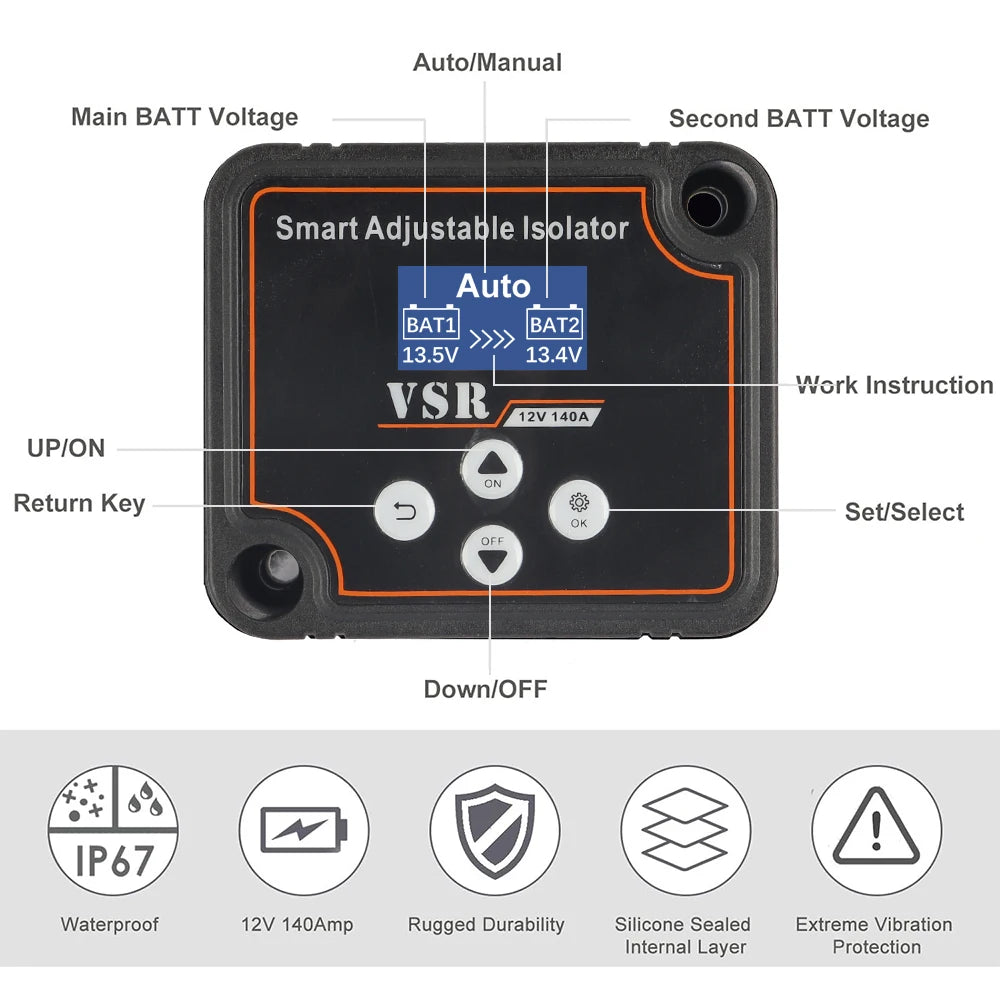 12V 140A Dual Battery Smart Isolator ,Display VSR Car Relay Voltage Setting Voltage Sensitive Relay For Camper Car RV