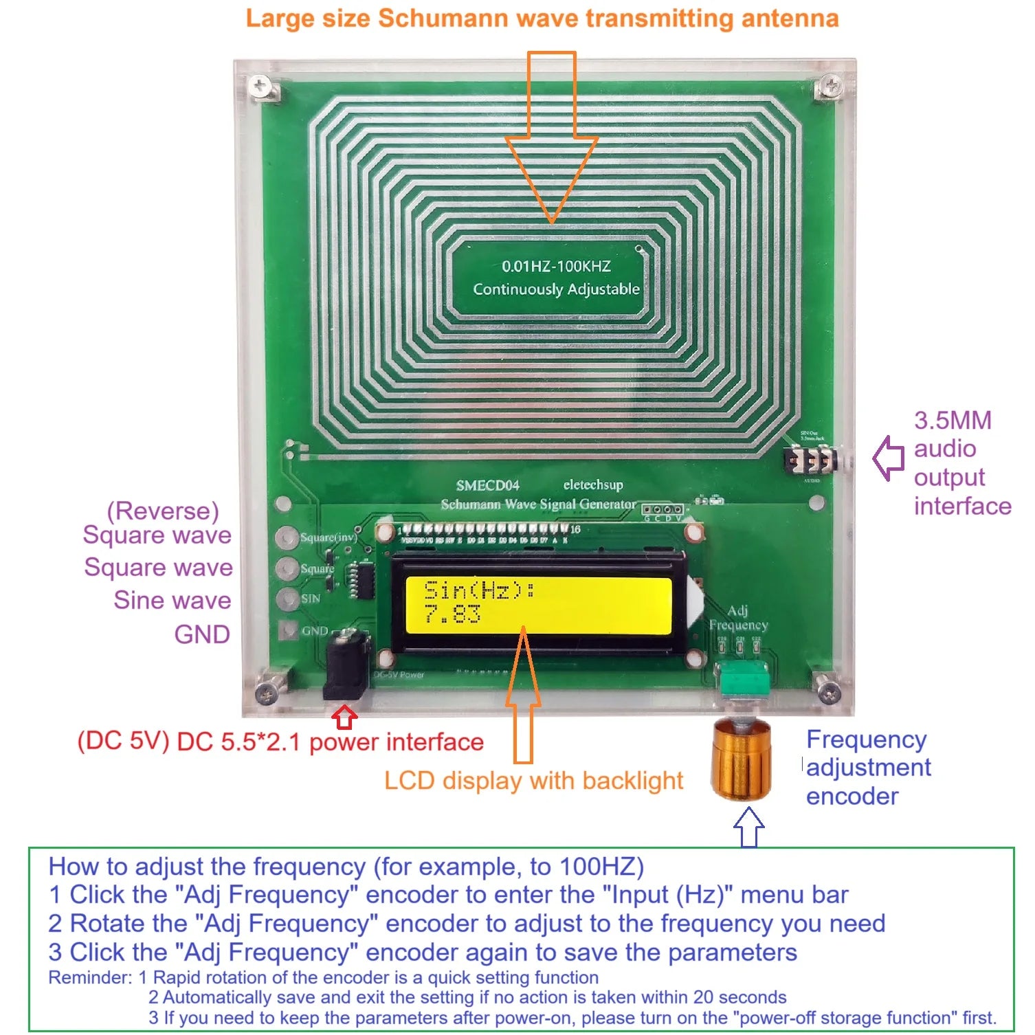 0.01-100KHz Adjustable Sine Wave 7.83Hz Resonance Generator Ultra Low Frequency Generator Resonator Sound Frequency Machine